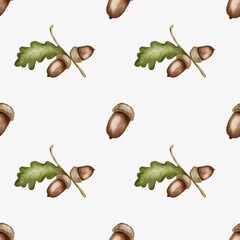 Acorns and oak leaves create a seamless autumn watercolor pattern for versatile design uses