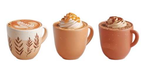 Three autumn-themed cappuccino mugs with latte art, whipped cream, and toppings, realistic 3D rendering isolated on white background for seasonal drink or coffee shop design