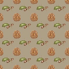 Beautiful autumn watercolor pattern featuring pine cones and acorns on a soft background