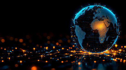 Digital globe with a bright glowing Africa networked lights underneath it on a black background