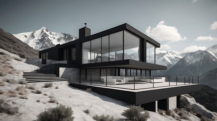 Modern house with large windows on a snowy mountain landscape with cloudy sky and snowy mountains