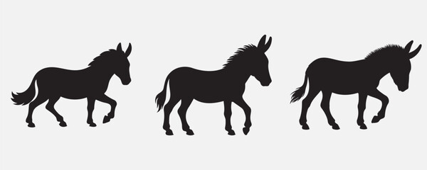 Silhouettes of donkeys in various standing poses, each with distinct ear and tail positions, rendered in black against a light background for a bold and rustic animal profile