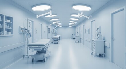 Well illustrated image. Modern hospital hallway with medical equipment
