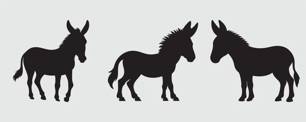 Silhouettes of donkeys in various standing poses, each with distinct ear and tail positions, rendered in black against a light background for a bold and rustic animal profile