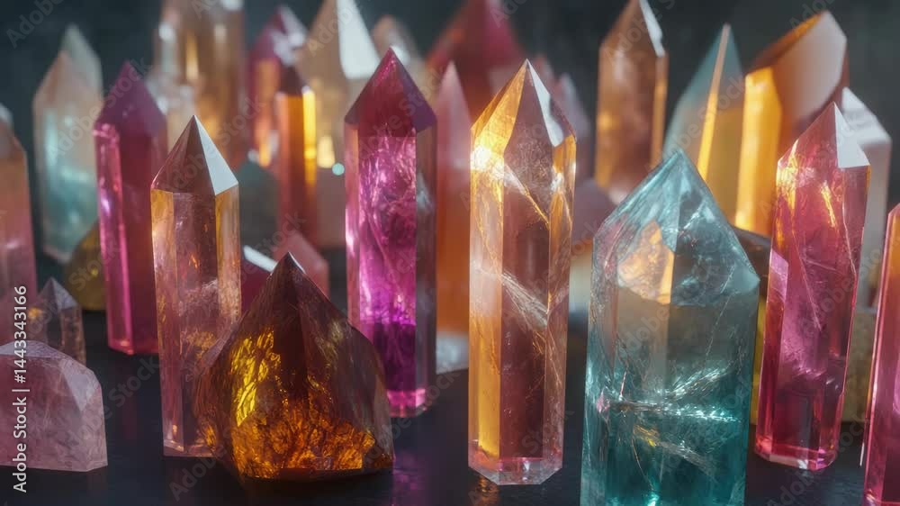 Poster a collection of vibrant crystals displayed on a table, suitable for decorative or scientific use