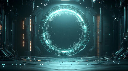 Futuristic portal with a circular glowing cracked effect in a sci-fi setting