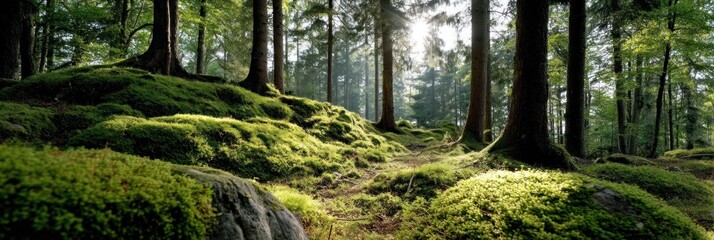Lush forest floor blanketed in moss, sunbeams filtering through trees
