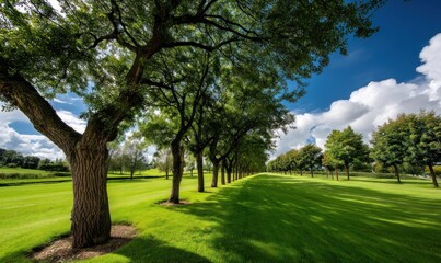 Lush green fairway lined with trees under a partly cloudy sky