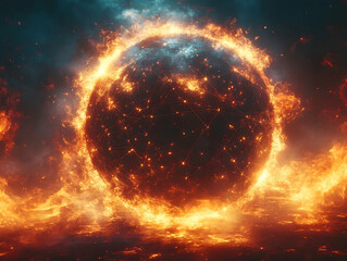 Globe engulfed in flames connected by light lines set against a smoky deep sky background