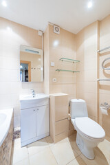 Modern Home Bright Bathroom Interior With Sink, Toilet, and Glass Shelving
