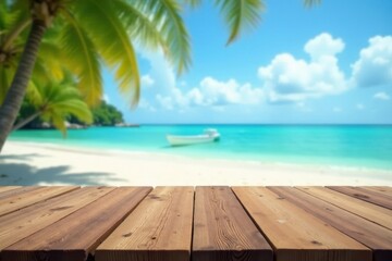 Fototapeta premium Empty wooden table on tropical beach; blurred ocean, sky, clouds , calm, bright