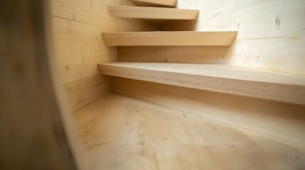 Wooden staircase ascending with natural light