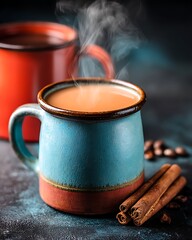 Fototapeta premium Steaming cups of liquid with cinnamon and coffee on a dark, textured surface