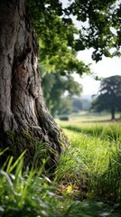 Lush green grass at the base of a weathered tree trunk, with a blurred background of fields and trees