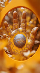 Fototapeta premium Hand covered with glitter holds sphere within circular frame orange and yellow hues create warm feel
