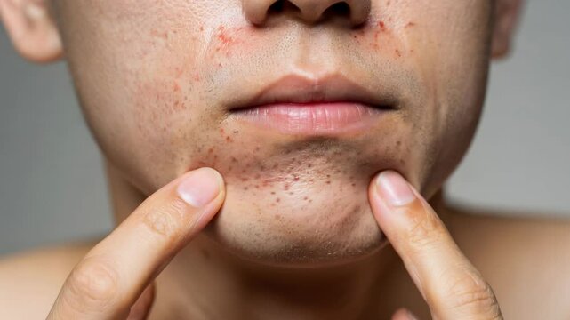 Man pointing at inflamed acne on face, highlighting skin health concerns.