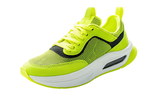 Neon yellow sneaker stylish design breathable mesh sporty shoe perfect for running fitness on transparent background