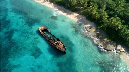 Aerial view of rusty shipwreck in turquoise waters near a tropical beach.
