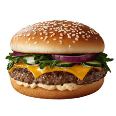 Juicy beef cheeseburger with fresh vegetables and sesame seed bun on transparent background, delicious fast food meal for lunch or dinner, close-up.