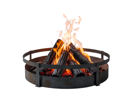 Captivating Campfire, Logs Ablaze in Metal Ring, Isolated Against a Simple Backdrop, Evoking Warmth and Serenity with Flickering Flames and Rustic Charm