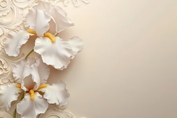 Delicate white irises against a backdrop of ornate floral patterns.