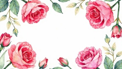 Delicate watercolor roses & leaves, repeating floral design, blossom, seamless