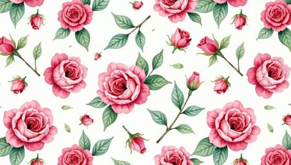 Delicate watercolor roses & leaves, repeating seamlessly , flower pattern, seamless