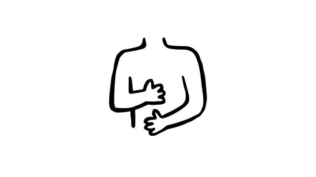 Suffering from stomach ache animation, abdominal pain, doodle drawing, sketch style, black and white