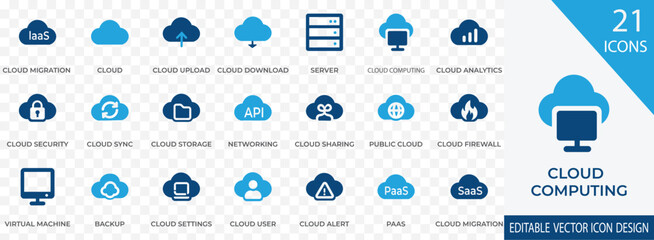 A clean and modern vector icon set representing cloud computing technologies. Includes icons for cloud upload, server, cloud security, storage solutions, networking and virtual machines