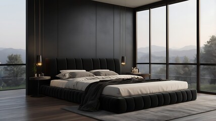 A modern bedroom with a large bed and floor to ceiling windows overlooking a mountain landscape view