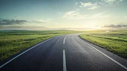 Fototapeta premium Road stretching into bright unknown future bordered lush open field clear expansive sky road texture finely detailed soft curve of path guiding eye towards horizon Cinematic lighting sense of vastness