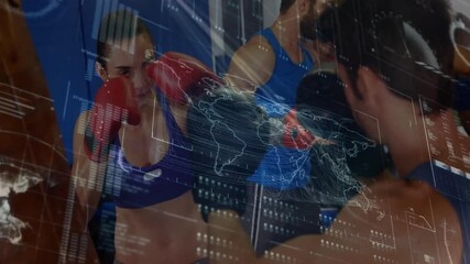 Female boxer punching heavy bag in boxing gym, with animated fitness technology tracking analytics - Powered by Adobe