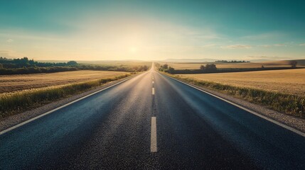 Fototapeta premium Road stretching into bright unknown future bordered lush open field clear expansive sky road texture finely detailed soft curve of path guiding eye towards horizon Cinematic lighting sense of vastness