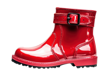 Shiny red patent leather rain boots with buckle detail against black background stylish kids on transparent background