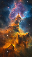 Fototapeta premium Celestial mountain of gas and dust shines with stars sparkling in the cosmic space above