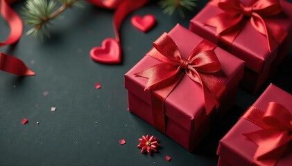Obraz premium Elegant red ribbon tied gift boxes, gold accents, shiny, wrapping, gift box