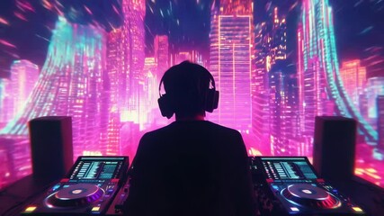 A dj spinning tracks in front of a vibrant cityscape, great for event or music related concepts