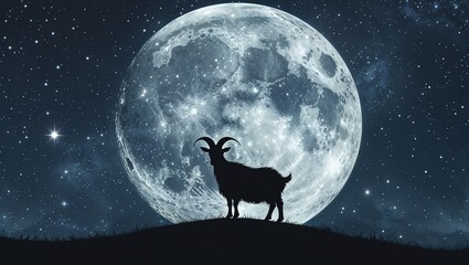 Digital art of goat silhouette in front of huge crescent moon, starry background, mystical touch,