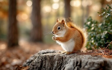 Obraz premium Squirrel feasts upon a tree stump