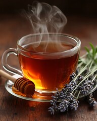 Steaming tea in clear cup with honey and lavender sprig on wood, a warm drink
