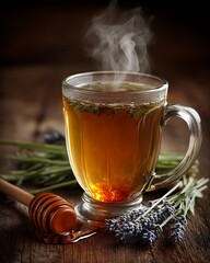 Steaming herbal tea in a clear mug with lavender sprigs & honey dipper on dark wood