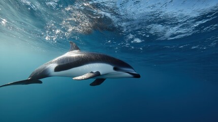 Fototapeta premium Dolphin Swimming Beneath Ocean Surface, Clear Water