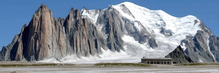Majestic alpine peaks and a small structure