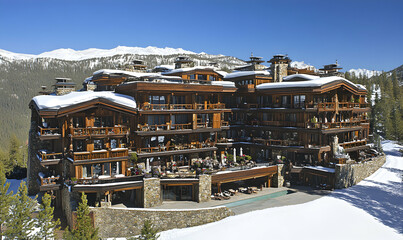 Fototapeta premium Luxurious wooden chalet hotel nestled in snowy mountains. Offers stunning views and upscale amenities. Perfect for winter getaways.