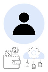 Simplified person icon with wallet and coins below, cloud with gear, and connected documents. Ideal for finance, cloud storage, data management, user settings, budgeting, digital economy