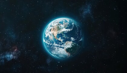 Earth from space, vibrant blue and green, detailed continents, surrounded by dark starry sky