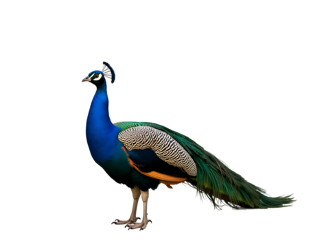 Captivating farm peacock displaying its iridescent plumage and graceful stance in a serene outdoor environment, a symbol of nature's splendor and elegance