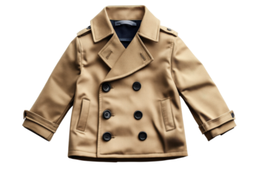 Stylish Beige Child s Peacoat Double Breasted Design on Black Background Detailed Close on transparent background