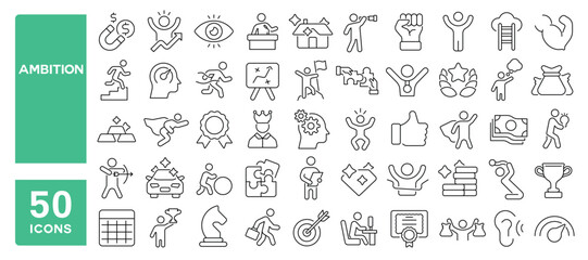 Set of 50 line icons related to ambition, achievement, success, win, wealth growth, progress, motivation, Editable stroke. Vector illustration