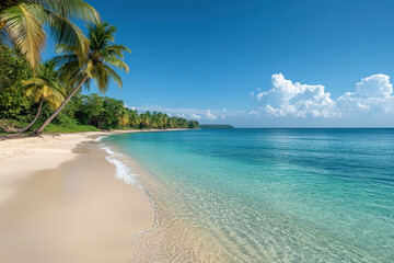 Fototapeta premium Tropical Beach with Palm Trees and Clear Water. A beautiful beach scene with palm trees, turquoise water, white sand, and blue sky. Calm sea and the cloud formation make this place look like paradise
